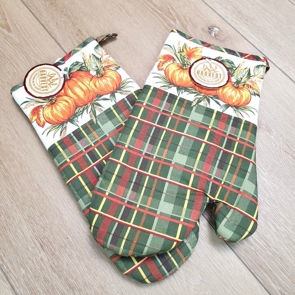 Set of 2 Thanksgiving Harvest Pumpkin Fall Green Plaid NWT Country Cottage Cottn